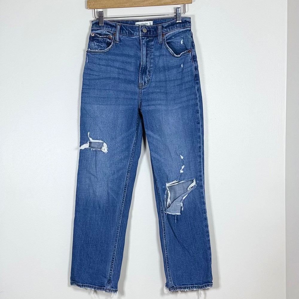 Abercrombie & Fitch Womens Ankle Straight Jeans 4R Blue Curve Love Distressed